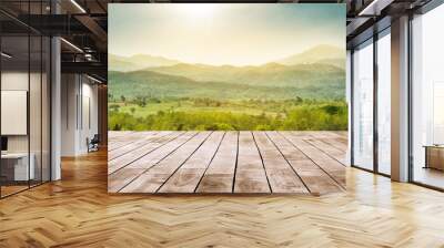 wooden table top with the mountain landscape Wall mural