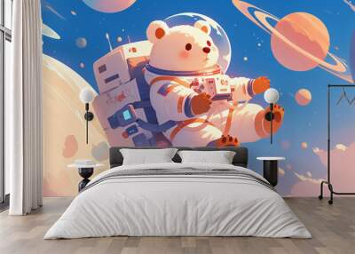 A bear astronaut floating in space with planets in the background Wall mural