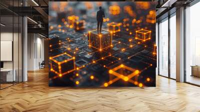 A business man stand over the glowing orange square blockchain technology. Cryptocurrency fintech block chain network and programming concept. Abstract Segwit Wall mural