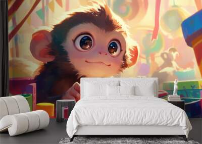 A charming marmoset monkey playing with colorful toys Wall mural