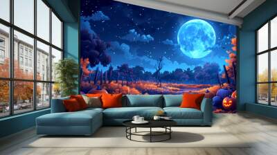 A full moon illuminating a pumpkin patch on halloween night, vector graphic illustration style Wall mural