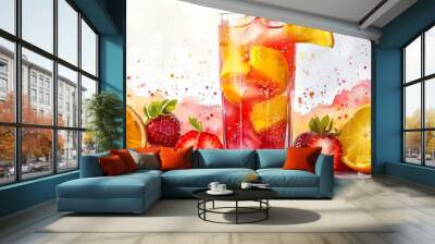 A refreshing glass of mixed fruit juice garnished with slices of orange and strawberries on white background in watercolor painting style Wall mural