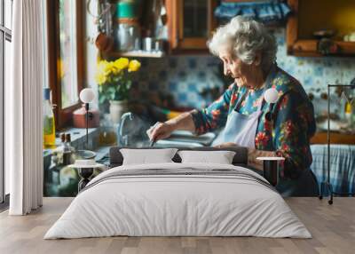 A senior woman cooking a homemade meal in her kitchen Wall mural