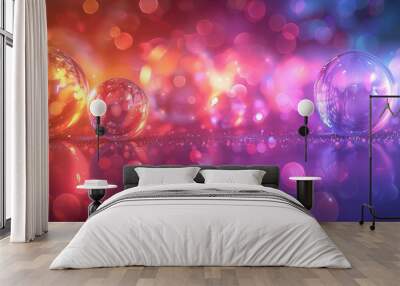 Abstract colorful particles of Glowing bubbles orbs background. Shiny transparent gradient backdrop. Strong depth of field Wall mural