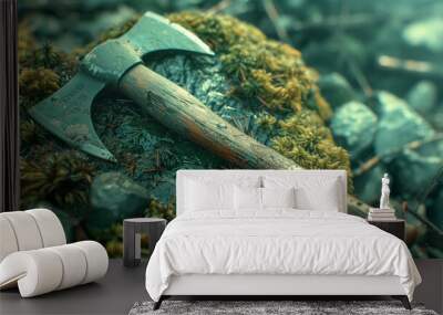 An axe with a wooden handle, laying on mossy rocks Wall mural