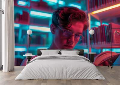 An young teenage boy reading a glowing book in a high-tech library with vibrant neon lights and holographic shelves Wall mural