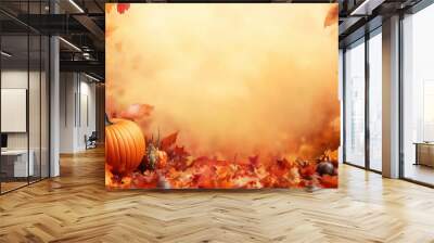 Autumn background with copy space of autumn leaves and pumpkins, Halloween decoration. Autumn background with an orange color gradient Wall mural