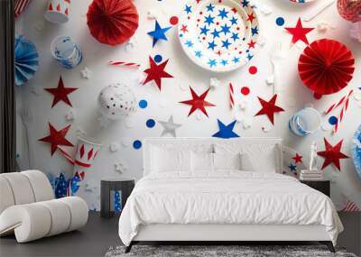 Festive 4th of July party table adorned with red, white, and blue decorations, including plates, napkins, and centerpieces, set against a clean white background. Wall mural