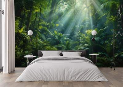 Tropical rain forest landscape with sun rays emerging though the green tree branches. Wall mural