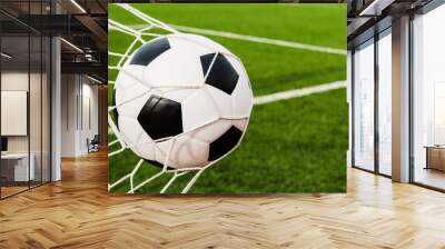 Soccer football in Goal net with green grass field. Wall mural