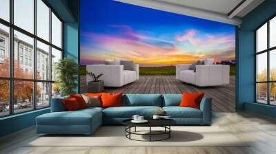 3d sofa set on sundeck in sunset time Wall mural