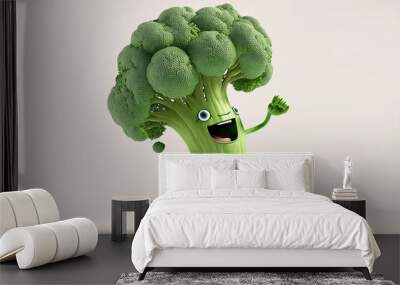 Cheerful funny broccoli shouting and dancing isolated on a white background. Vegetable healthy food concept. Copy space. Wall mural