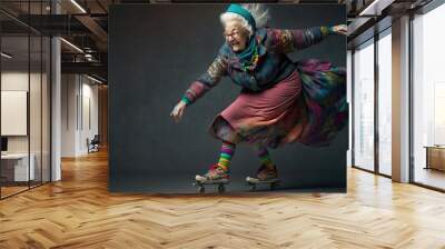 Cheerful granny as a professional skater on dark background with weird street wear clothing with vibrant colors. Ai generative. Wall mural