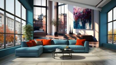 Living room interior design of luxury Lavish apartment with wooden floor, high ceilings and high glass windows. Generative AI. Wall mural