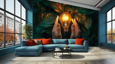 A glowing lightbulb held in two hands, creating a warm, inviting atmosphere Wall mural