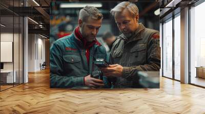 a mechanical engineer with a diagnostic device in hand consults with a colleague, blur effect in the backgraund	 Wall mural