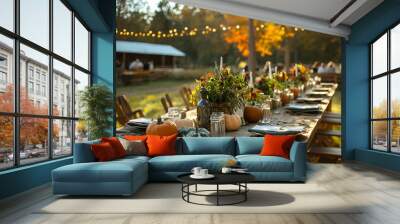 Outdoor Thanksgiving celebration with a rustic farm-to-table setup, a long wooden table outdoors on a farm. Wall mural