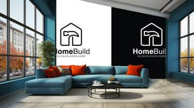 Creative Home Build Logo. House Construction, Hammer Tool and Home with Linear Outline Style. Home Service Logo Icon Symbol Vector Design Template. Wall mural