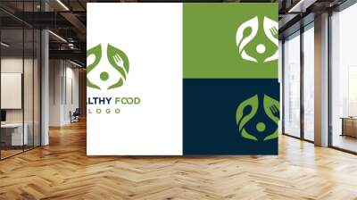 Healthy Food Logo Designs. People Spoon Fork Leaf Designs Icon Symbol Vector Illustration For Restaurant. Wall mural