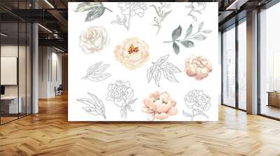 Blush rose, peony, gray, outline leaves,  white background. Set of the bridal floral elements. Vector illustration. Romantic garden flowers. Wedding design clip art Wall mural