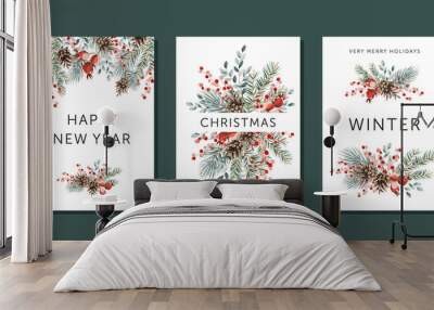 Christmas nature design greeting cards template, arrangements, text Winter, Happy New Year, Merry Holidays, white background. Green pine, fir twigs, cones, red berries. Vector xmas illustration Wall mural