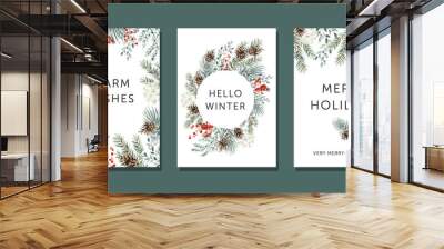 Christmas nature design greeting cards template, circle frame, text Hello Winter, Warm Wishes, Merry Holidays, white background. Green pine, fir twigs, cones, red berries. Vector xmas illustration Wall mural