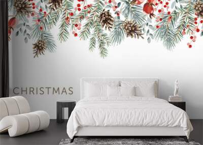 Xmas nature design border, text Merry Christmas, white background. Green pine, fir twigs, cones, red berries. Vector illustration. Greeting banner template. Winter holidays forest Wall mural