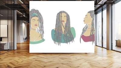 American woman braids set african drawn for design. Young lady portrait. Oriental people. Boho style. Vector drawing. Beautiful model face. Vector graphic illustration. Fashion print. Wall mural