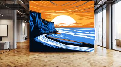 a drawing digital art illustration of a sunset with cliff and ocean wave Wall mural