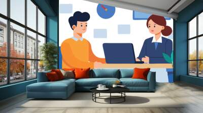 A man and woman converse over a laptop in a contemporary office setting, showcasing teamwork and collaboration. Wall mural