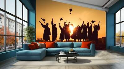 A painting depicting university graduates throwing their hats off at sunset with generative AI Wall mural