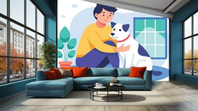 A person enjoys quality time with a dog indoors, surrounded by a cozy atmosphere and natural light. Wall mural