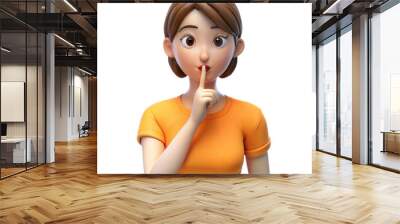 Animated 3D young girl in orange shirt making a shushing gesture with finger, on transparent background Wall mural