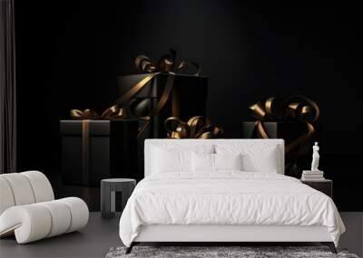 Black gift boxes with golden ribbons on black background with Generative AI Wall mural