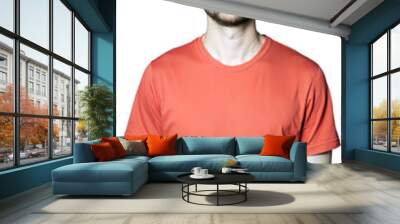 Caucasian male in orange t shirt and glasses, standing confidently against a transparent backdrop Wall mural