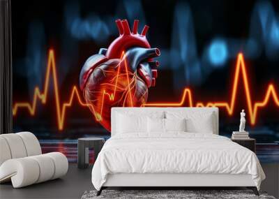 Digital human heart representation with ekg pulse wave on dark background Wall mural