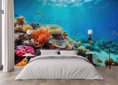 Fish swimming in coral reef under deep blue sea and amazing view of undersea. Wall mural