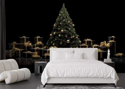 Gift boxes in black friday concept style around pine tree on black background. Wall mural