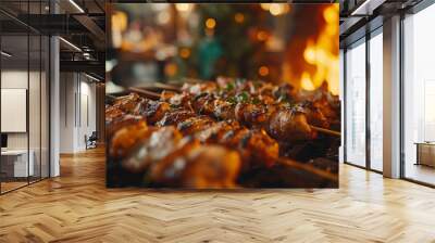 Grilled chicken skewers over open flame at a cozy evening bbq Wall mural