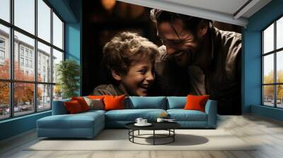 Happy moment of a father and son together at home. Wall mural