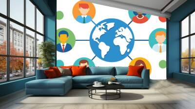 Illustration of diverse people around a globe symbolizing global teamwork and international collaboration Wall mural