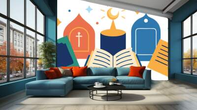 Illustration of religious books, symbols, and mosque representing spirituality, education, and worship Wall mural