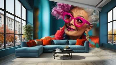 Old lady dressed in vibrant retro-futuristic 80s fashion. Wall mural