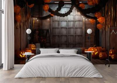 Rooms decorated with pumpkins, balloons and bat figures on a wooden floor set for a Halloween party. Wall mural