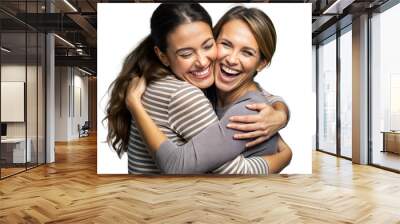 two joyful women embracing each other in a heartfelt hug Wall mural