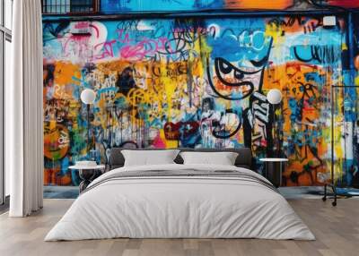 Walls in the form of collage work in the style of spray paint art covered with graffiti of different colors and styles. Wall mural