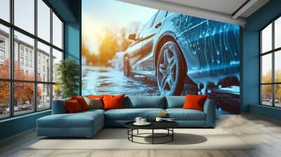 Washing a car with foam. Wall mural