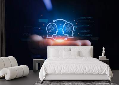 AI technology Machine learning for data analysis and management. Icon represents the exchange of artificial intelligence brains with human. AI can have thoughts. exchange of human thoughts. Wall mural