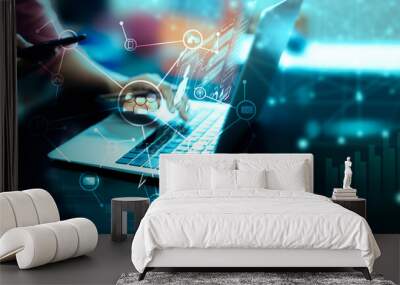 Business working using laptop  on Futuristic virtual screen interface Technology. networks internet connection Wireless devices around the world Information technology is essential for businesses. Wall mural