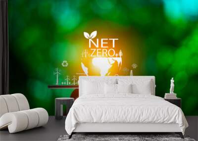 net zero concept. Hand holding city with net zero icon. carbon neutral concept. Dusty city environment PM 2.5 background. Climate-neutral long-term strategy. Carbon gas affects global warming.. Wall mural